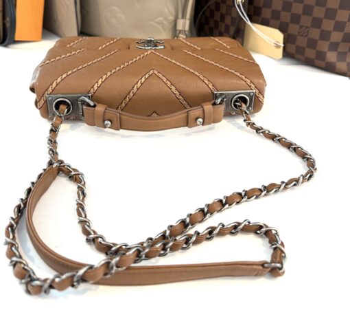 Chanel Brown Chevron Stitched Leather Classic Top Handle Bag - Image 16