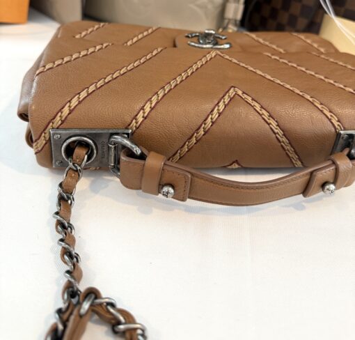 Chanel Brown Chevron Stitched Leather Classic Top Handle Bag - Image 15