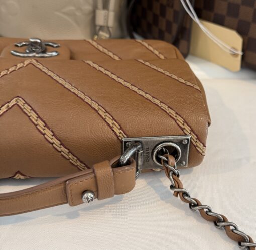 Chanel Brown Chevron Stitched Leather Classic Top Handle Bag - Image 14