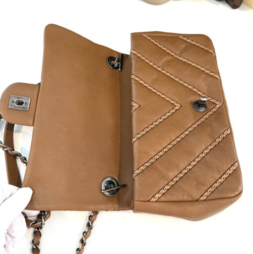 Chanel Brown Chevron Stitched Leather Classic Top Handle Bag - Image 13