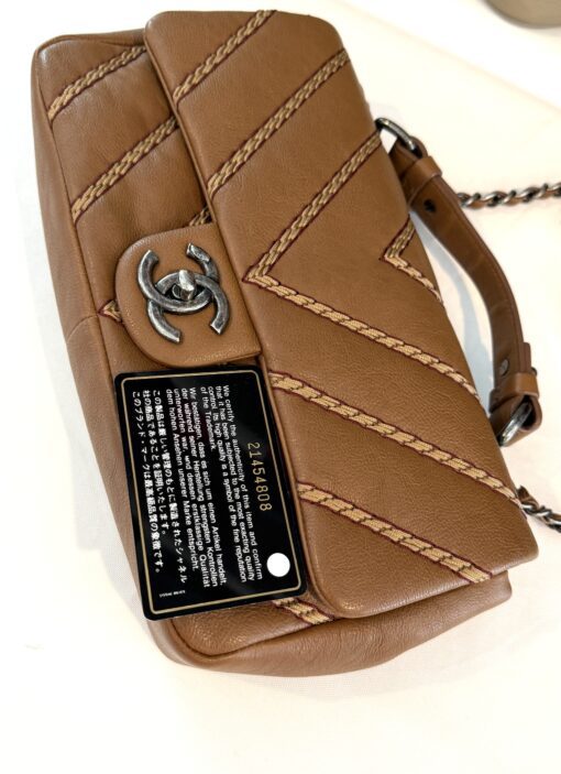 Chanel Brown Chevron Stitched Leather Classic Top Handle Bag - Image 9