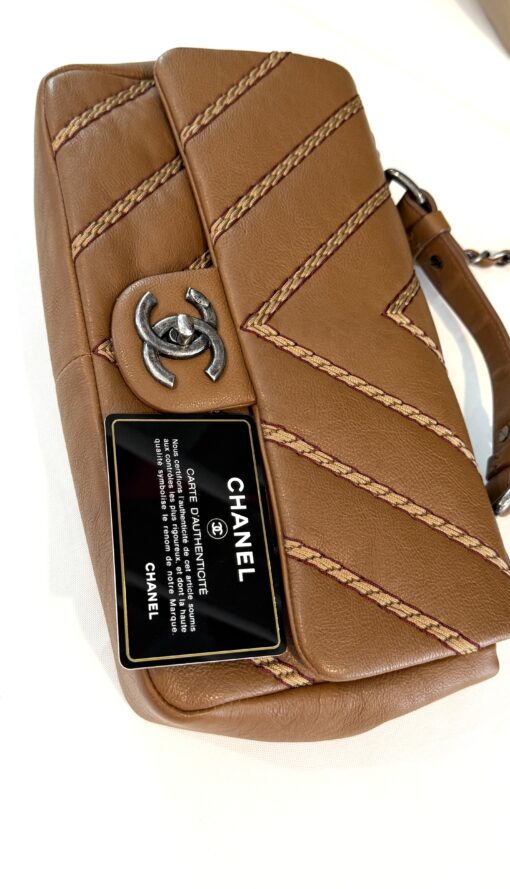Chanel Brown Chevron Stitched Leather Classic Top Handle Bag - Image 8