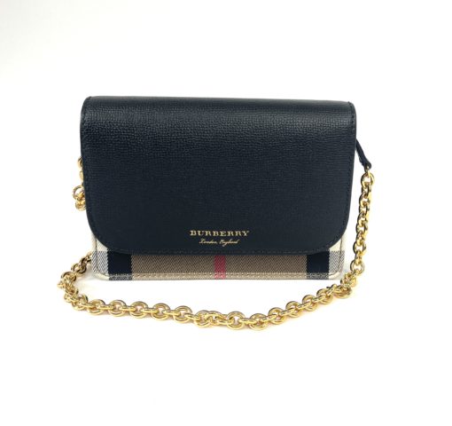Burberry Hampshire WOC Chain Black Leather House Check Canvas