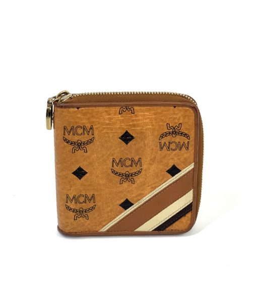 MCM Visetos Zip Around Wallet Cognac Brown Stripes
