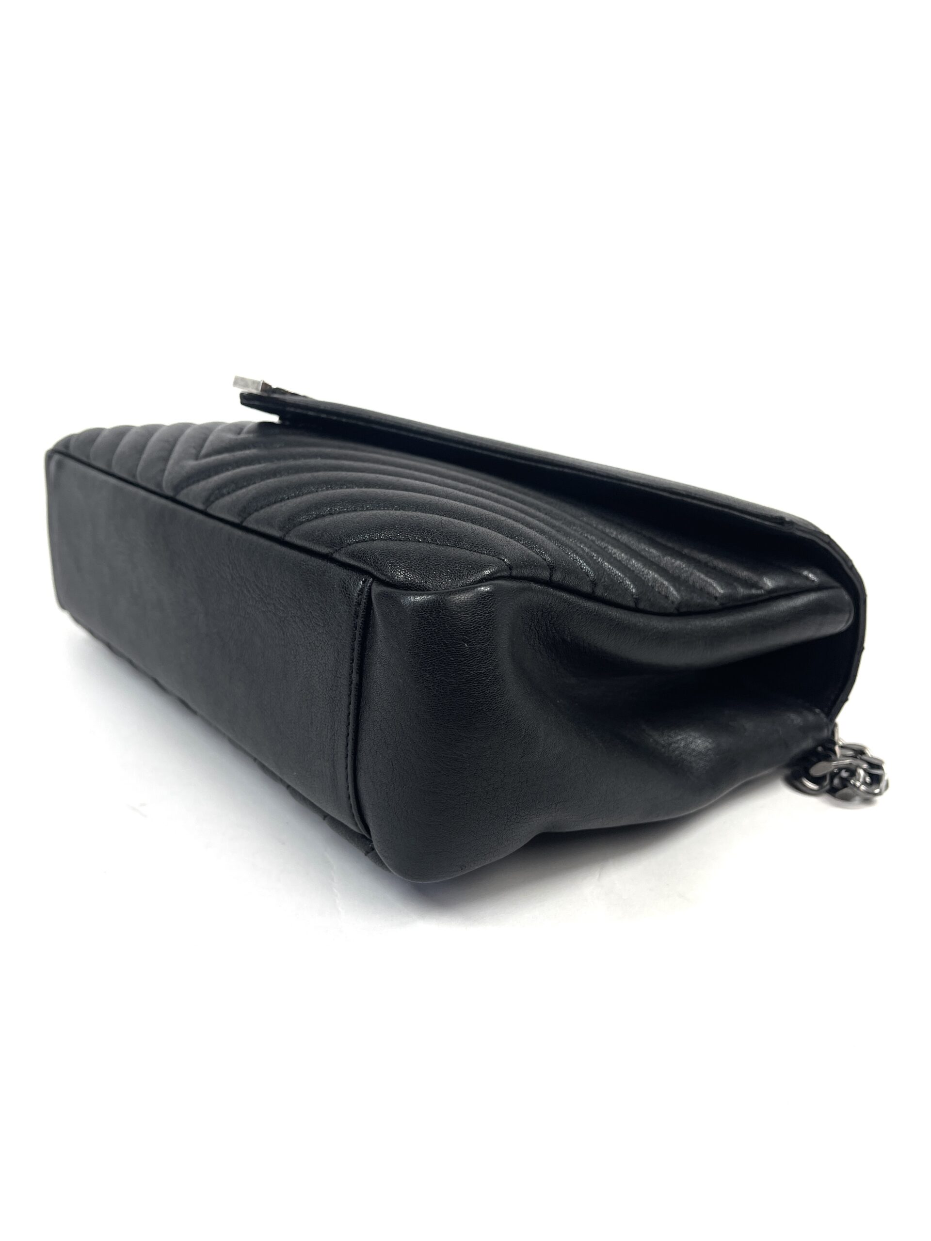 YSL Black College Large Quilted Leather V-Flap Shoulder Bag - A