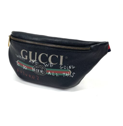 GUCCI Black Grained Calfskin Logo Belt Bum Bag Large