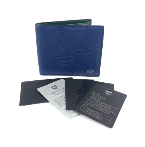 MCM Bi Fold Royal Blue Leather Wallet with Green 2