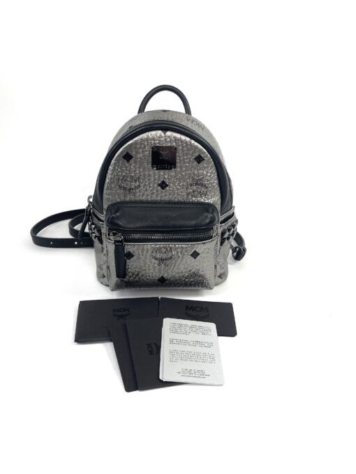 MCM Stark Bebe Boo Side Studs Backpack in Visetos Pewter Black X-Mini 6