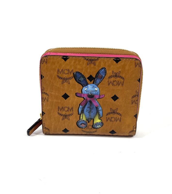 MCM Brown Visetos Mini Rabbit Leather Wallet Cognac Blue - A