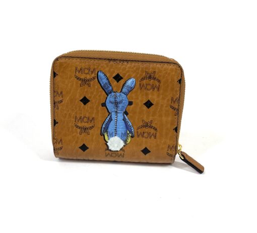 MCM Brown Visetos Mini Rabbit Leather Wallet Cognac Blue 6