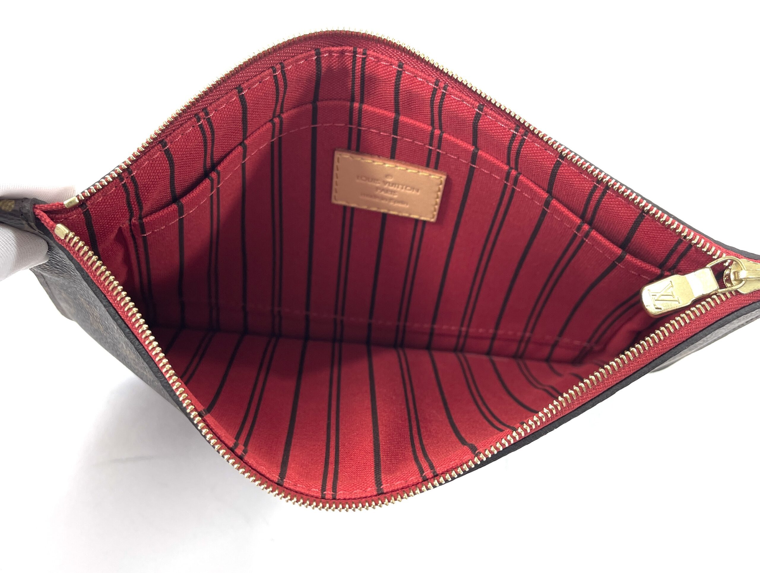 Louis Vuitton Damier Ebene Canvas Neverfull Pochette Red w/Wrist Strap  Clutch