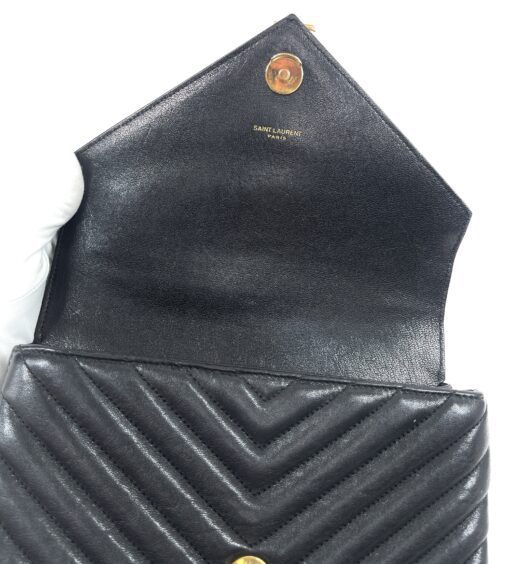 YSL Sheepskin Matelasse Chevron Monogram Medium College Bag Black Gold - Image 21