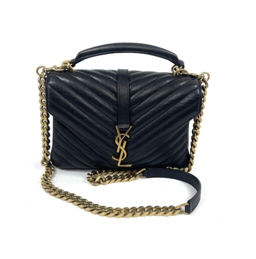 YSL Sheepskin Matelasse Chevron Monogram Medium College Bag Black Gold