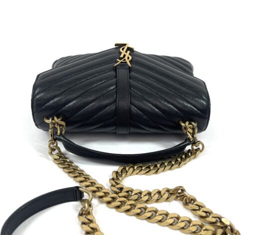 YSL Sheepskin Matelasse Chevron Monogram Medium College Bag Black Gold - Image 15