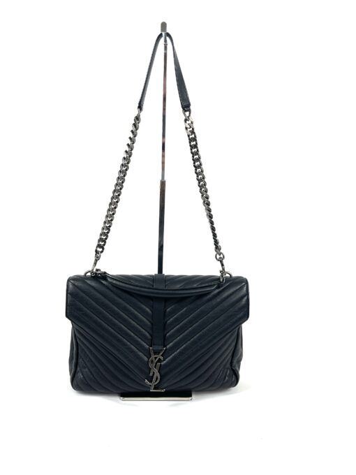 YSL Saint Laurent College Large Quilted Black Leather V-Flap Shoulder Bag Silver - Image 5