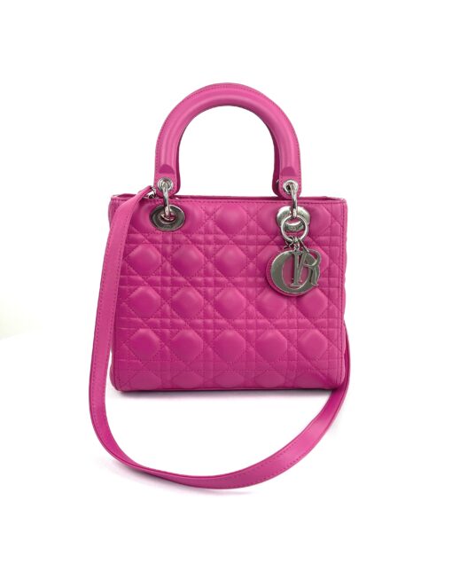 Christian Dior Lady Dior Medium Lambskin Cannage Hot Pink Silver