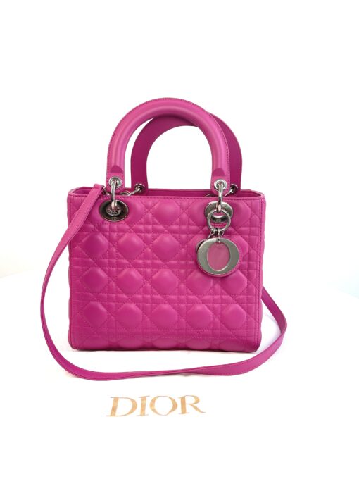 Christian Dior Lady Dior Medium Lambskin Cannage Hot Pink Silver 4