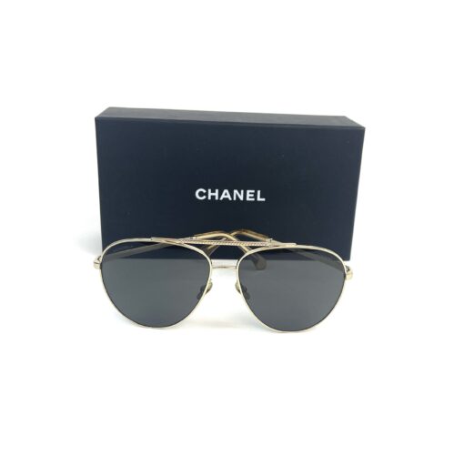 Chanel Gold Metal Aviator Pilot Sunglasses Grey Rhinestones