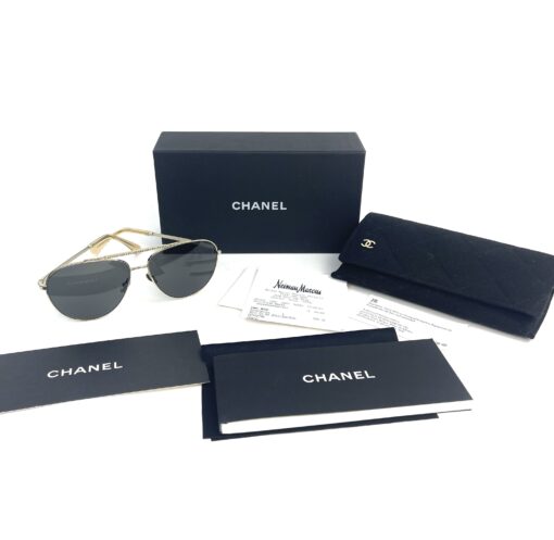 Chanel Gold Metal Aviator Pilot Sunglasses Grey Rhinestones 2