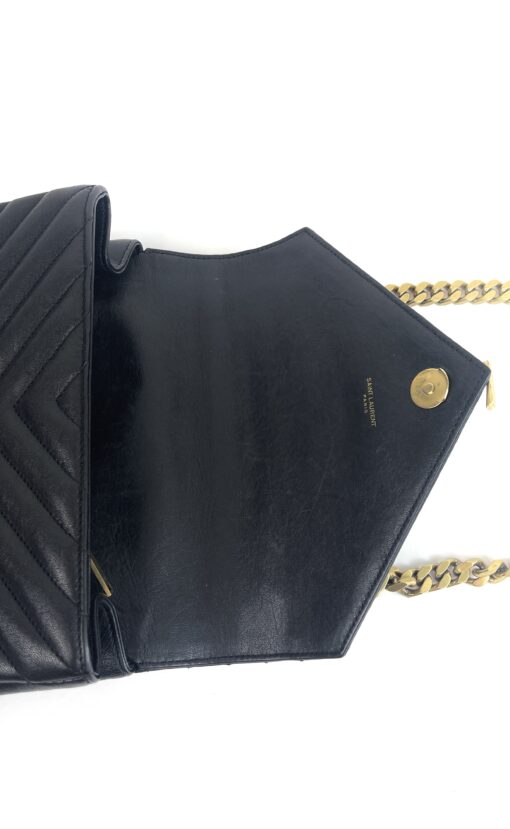 YSL Sheepskin Matelasse Chevron Monogram Medium College Bag Black Gold 17