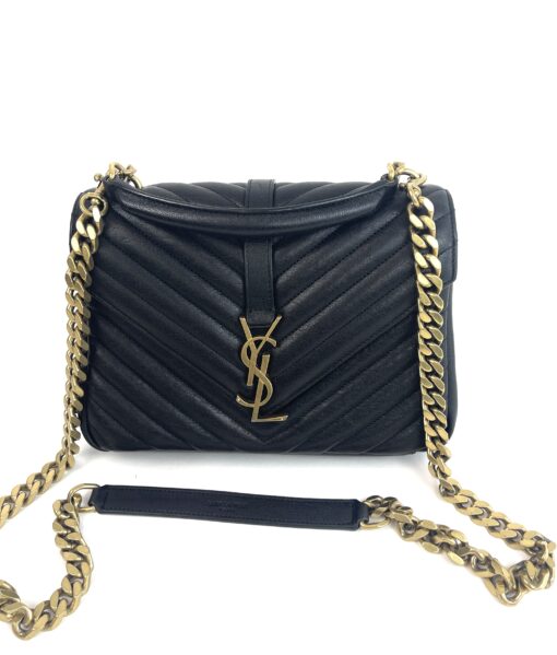 YSL Sheepskin Matelasse Chevron Monogram Medium College Bag Black Gold - Image 15