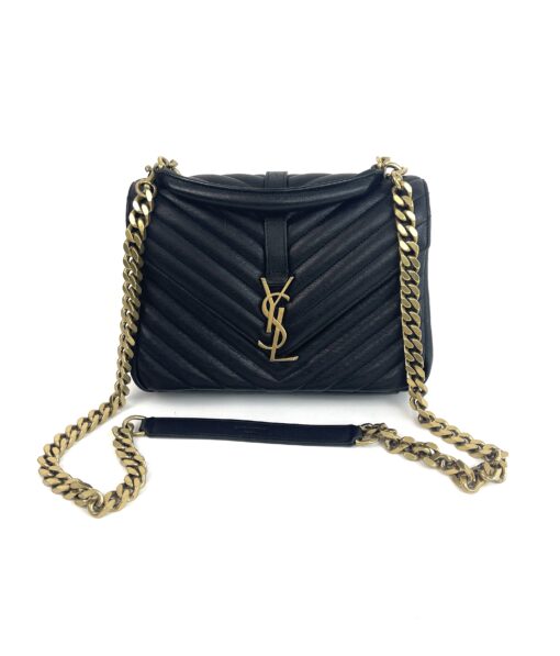 YSL Sheepskin Matelasse Chevron Monogram Medium College Bag Black Gold