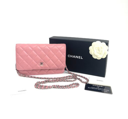 Chanel Lambskin Quilted Wallet On Chain WOC Pink Silver 3