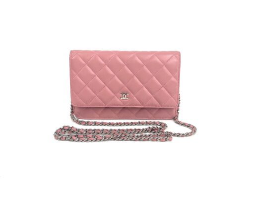 Chanel Lambskin Quilted Wallet On Chain WOC Pink Silver