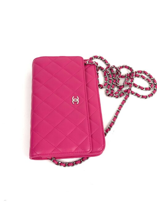 Chanel Hot Pink Quilted Lambskin Leather Classic WOC Clutch Bag Silver 49