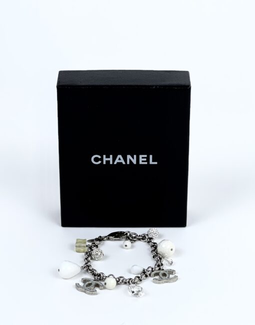 Chanel CC Pearl Cube Silver Charm Bracelet 14