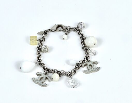 Chanel CC Pearl Cube Silver Charm Bracelet 7