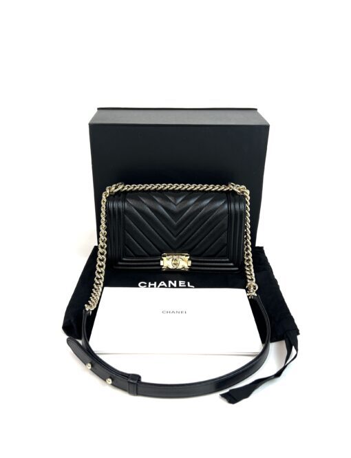 Chanel 2022 Caviar Chevron Quilted New Medium Boy Flap Black Gold 3