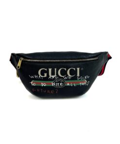 GUCCI Black Grained Calfskin Logo Belt Bum Bag Large