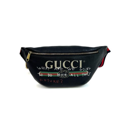 GUCCI Black Grained Calfskin Logo Belt Bum Bag Large