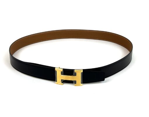 Hermes Gold H belt buckle & Reversible leather strap 32 mm Black/Tan