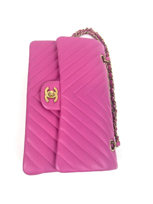 Chanel Hot Pink Medium Double Flap Chevron Lambskin Leather Bag with Gold Hardware 7