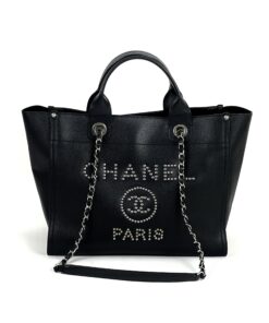 Chanel Small Deauville Black Studded Logo Tote Bag