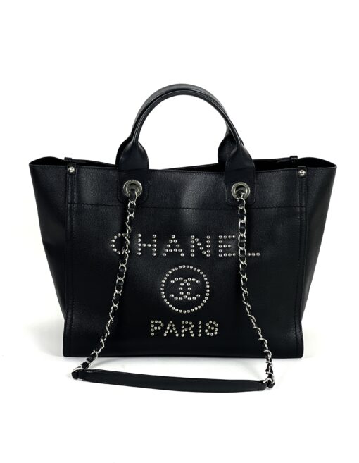 Chanel Medium Deauville Black Studded Logo Tote Bag