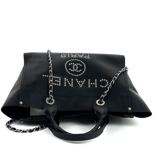 Chanel Medium Deauville Black Studded Logo Tote Bag 12