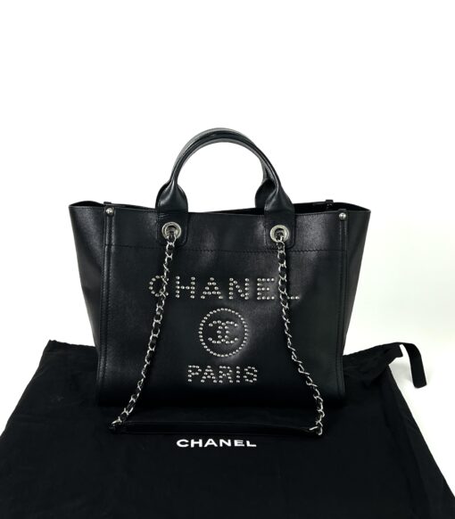 Chanel Medium Deauville Black Studded Logo Tote Bag 4