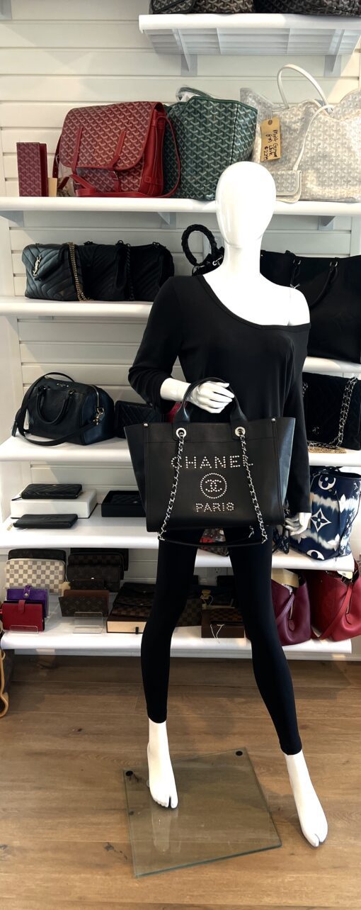 Chanel Medium Deauville Black Studded Logo Tote Bag 7
