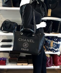 Chanel Small Deauville Black Studded Logo Tote Bag 2