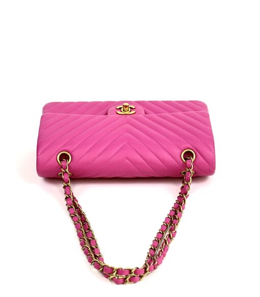 Chanel Hot Pink Medium Double Flap Chevron Lambskin Leather Bag with Gold Hardware 27