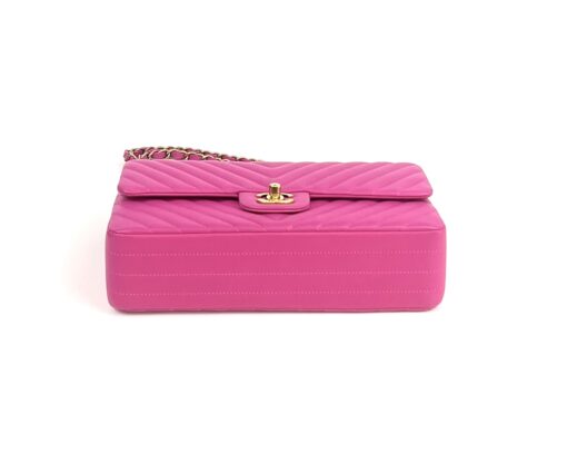 Chanel Hot Pink Medium Double Flap Chevron Lambskin Leather Bag with Gold Hardware 26