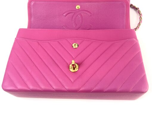 Chanel Hot Pink Medium Double Flap Chevron Lambskin Leather Bag with Gold Hardware 19