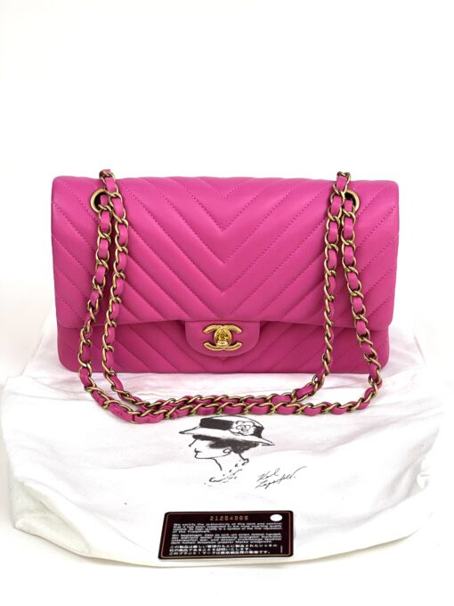 Chanel Hot Pink Medium Double Flap Chevron Lambskin Leather Bag with Gold Hardware 2