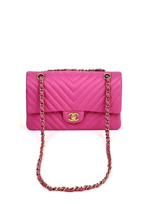 Chanel Hot Pink Medium Double Flap Chevron Lambskin Leather Bag with Gold Hardware