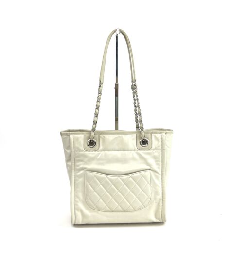 CHANEL Off White Glazed Leather North/South Deauville Small Shopping Tote Bag 2