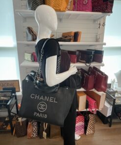 Chanel Medium Deauville Black Studded Logo Tote Bag 2