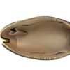 Overhead view into the open pouch and beige leather lining
